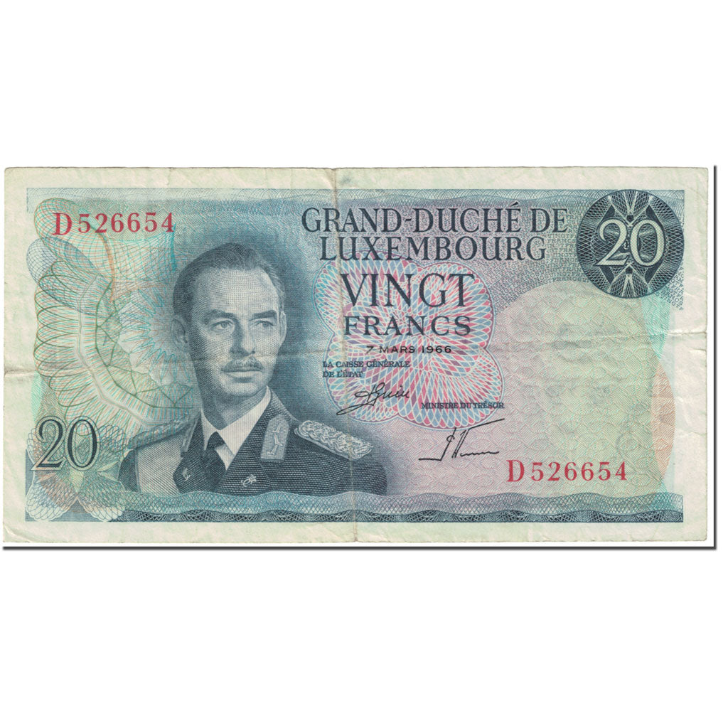Banknote, Luxembourg, 20 Francs, 1966, 1966-03-07, KM:54a, VF(20-25)