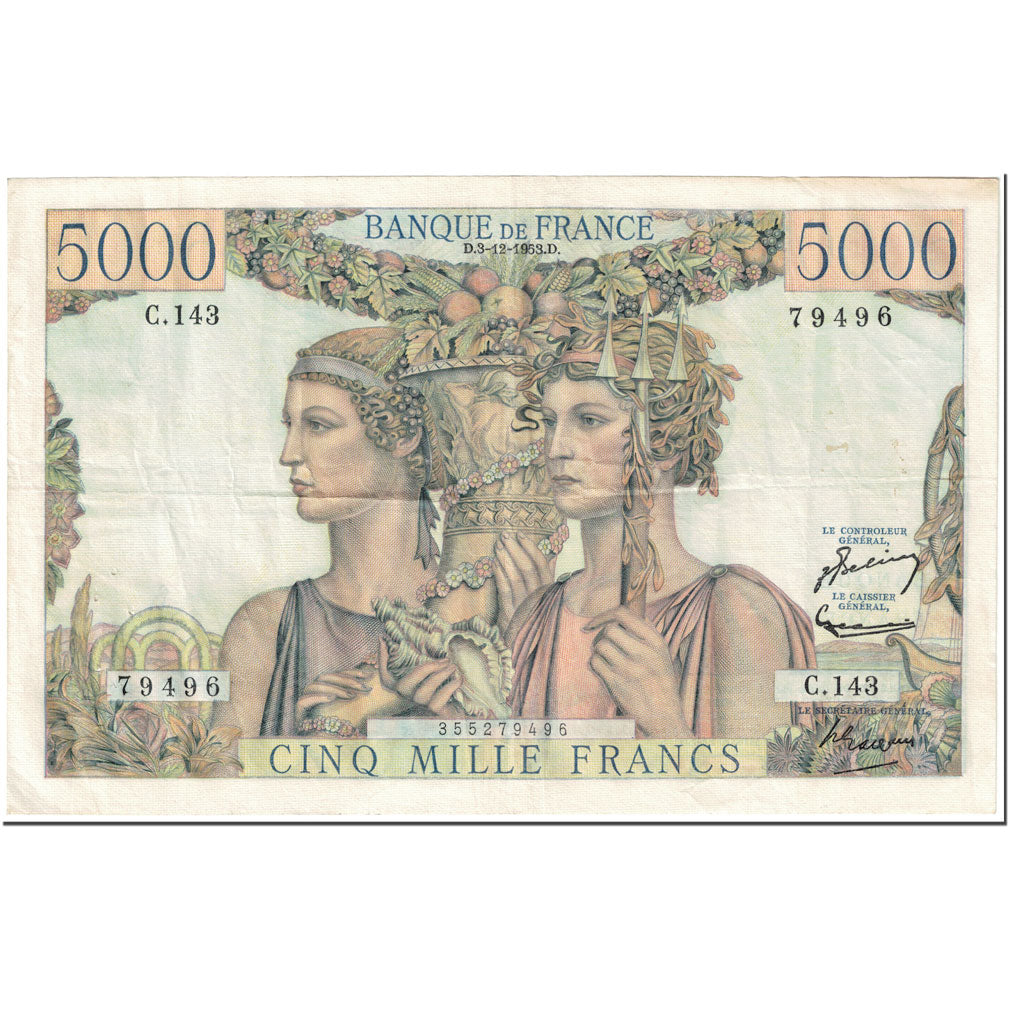Francia, 5000 Francs, Terre et Mer, 1953, 1953-12-03, MB+, Fayette:48.10