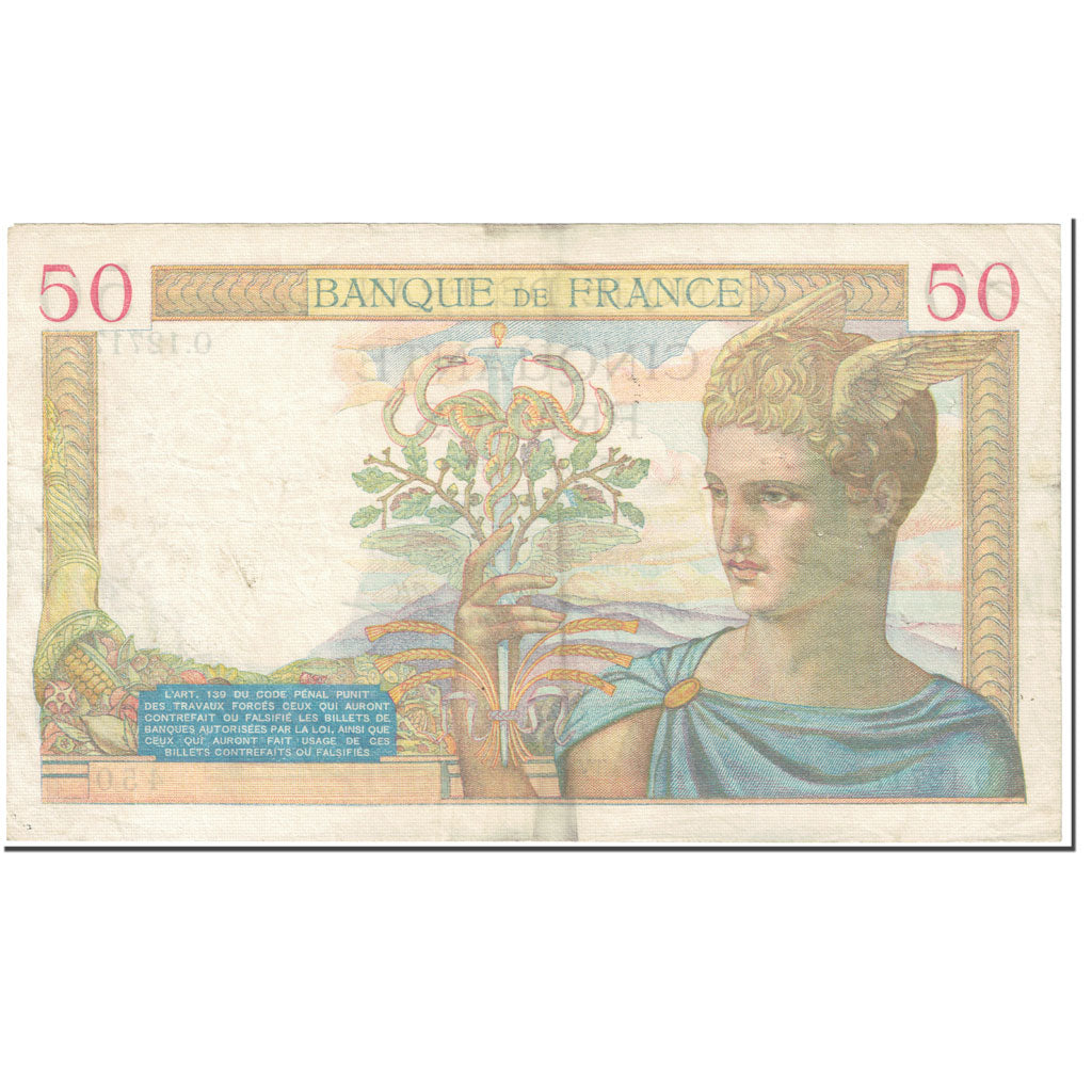 França, 50 Francs, Cérès, 1940, 1940-02-22, VF(20-25), Fayette:18.39, KM:85b