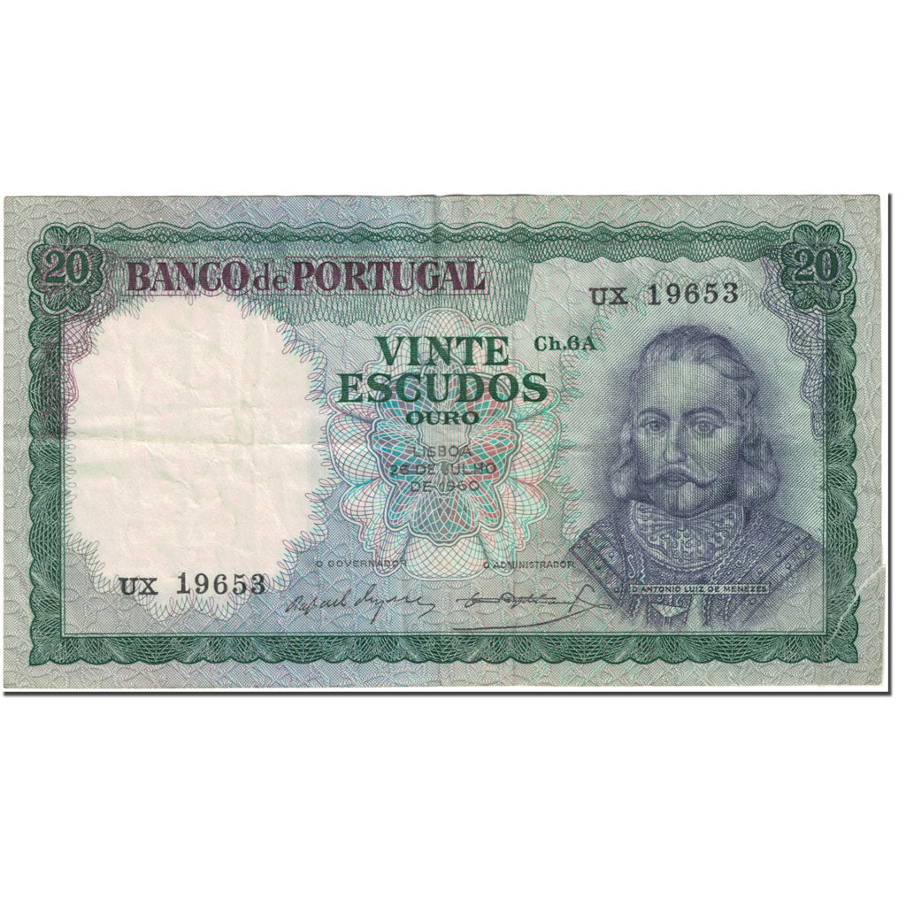 Banknote, Portugal, 20 Escudos, 1960, 1960-07-26, KM:163a, VF(20-25)