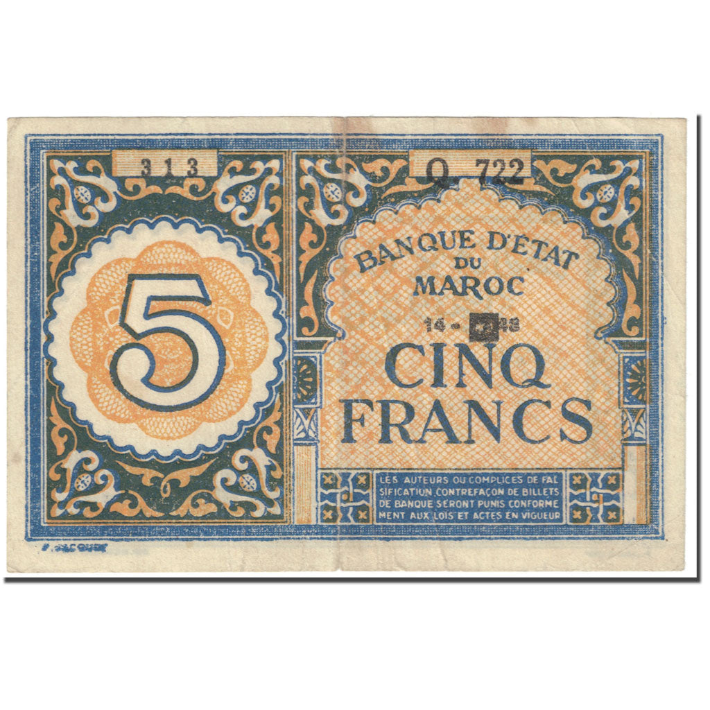 Banknote, Morocco, 5 Francs, 1943, 1943-09-14, KM:33, VF(20-25)
