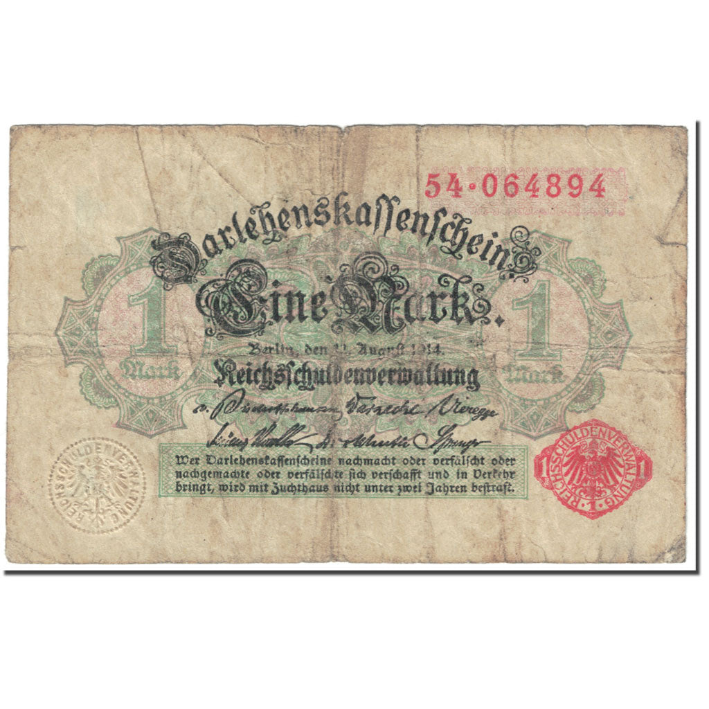 Nota, Alemanha, 1 Mark, 1914, 1914-08-12, KM:50, VG(8-10)