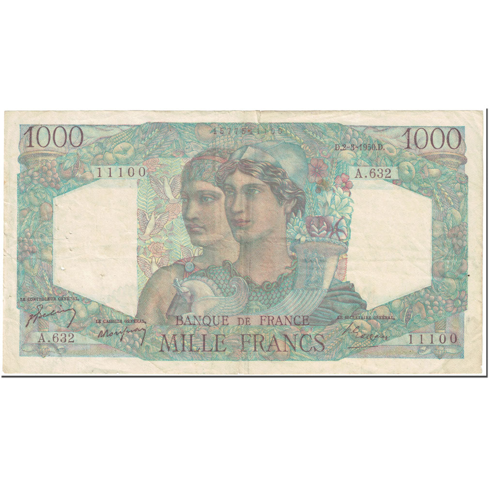 France, 1000 Francs, Minerve et Hercule, 1950, 1950-03-02, VG(8-10)