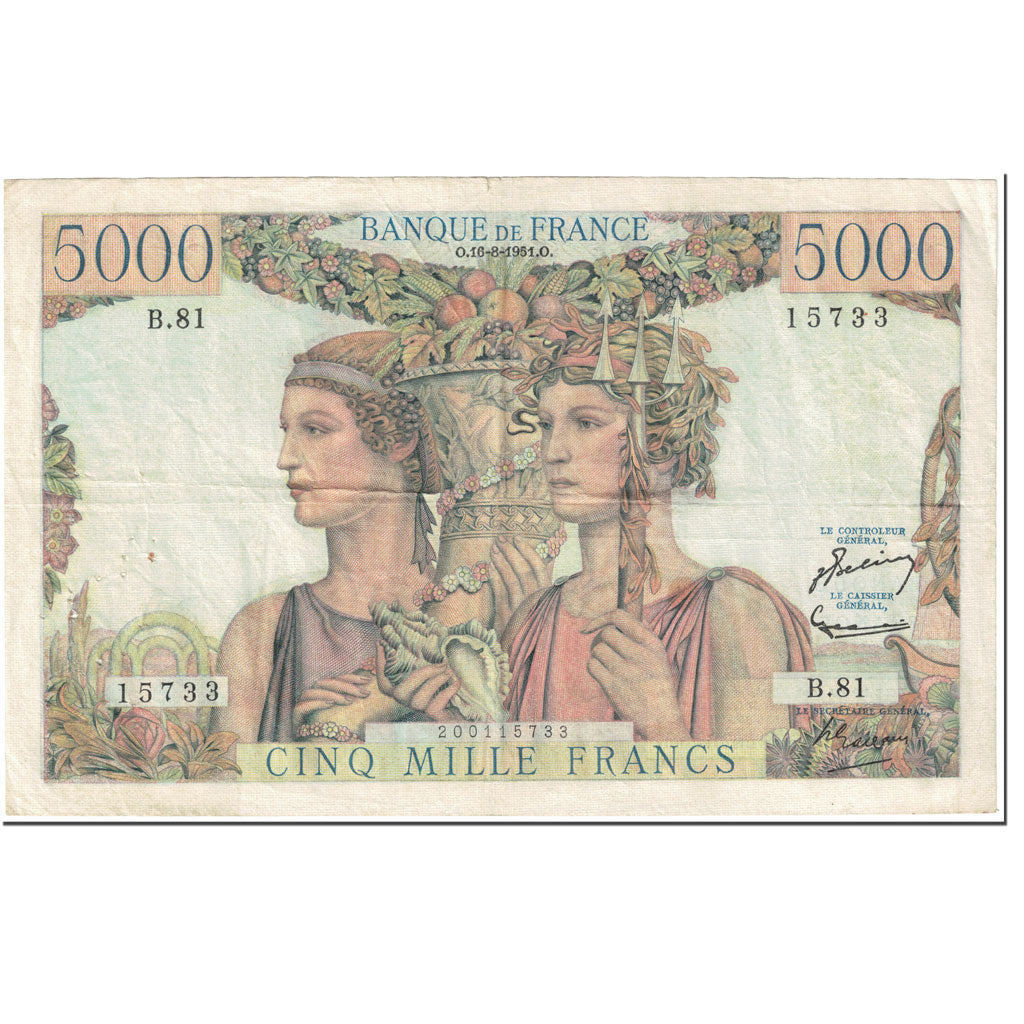 France, 5000 Francs, Terre et Mer, 1951, 1951-08-16, TB, Fayette:48.5, KM:131c