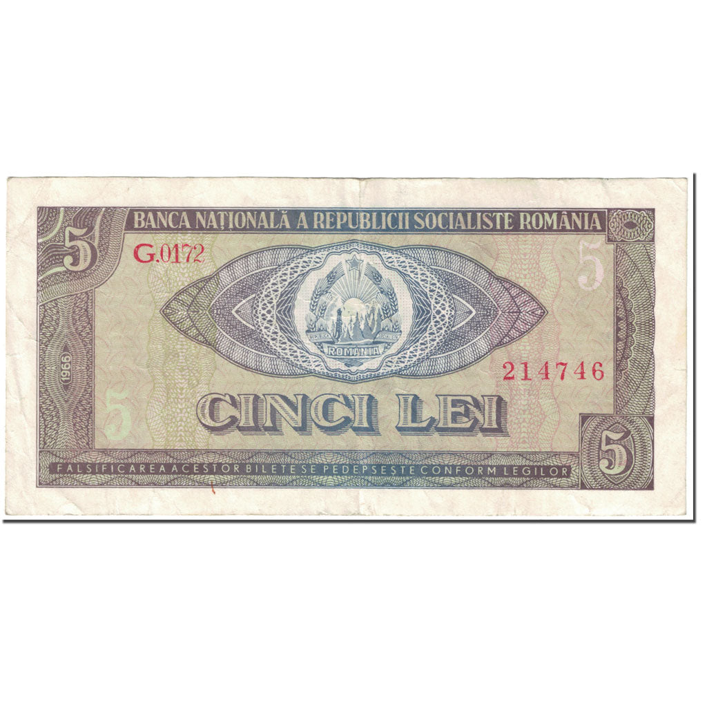 Banknote, Romania, 5 Lei, 1966, Undated (1966), KM:93a, VF(20-25)