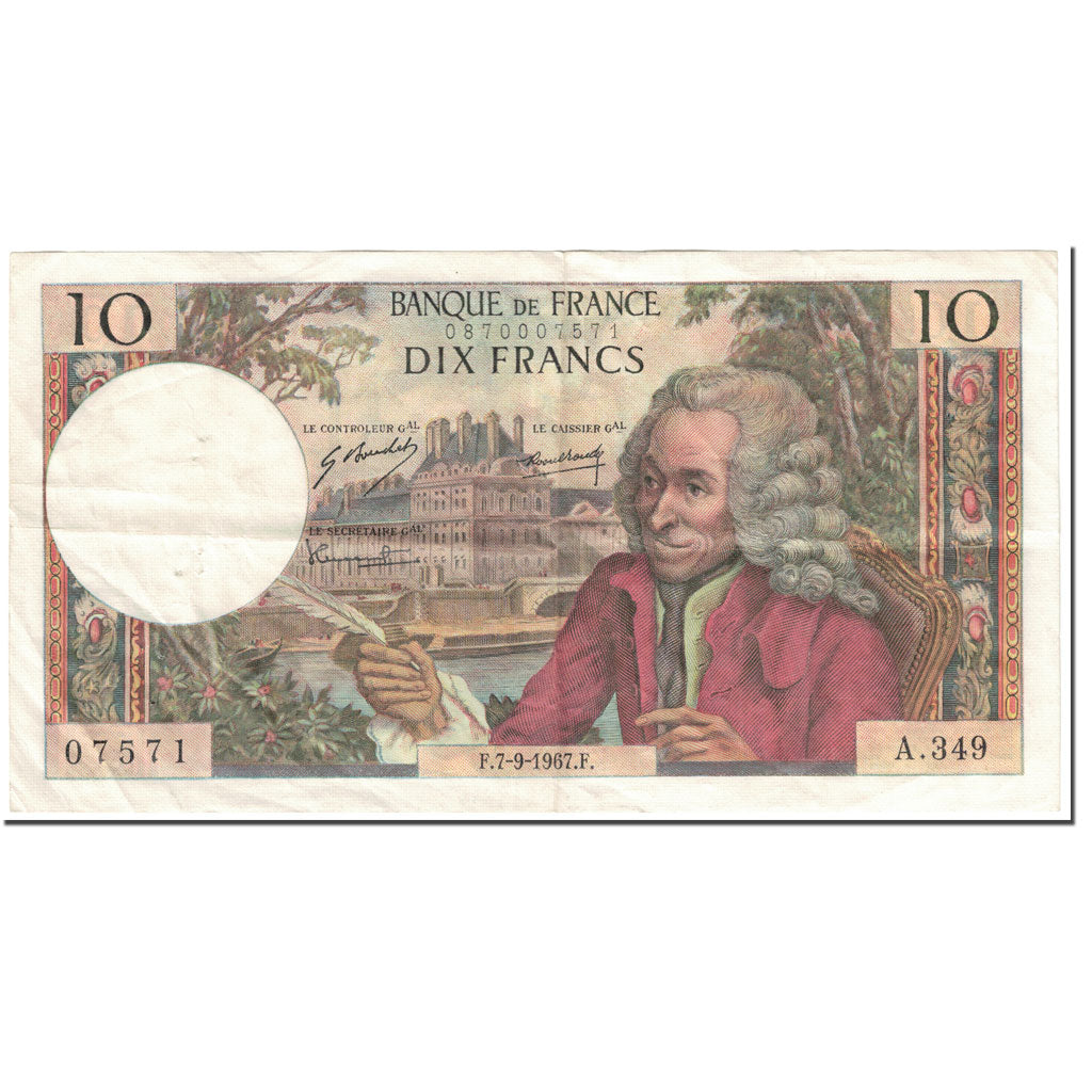 France, 10 Francs, Voltaire, 1967, 1967-09-07, VF(20-25), Fayette:62.28, KM:147c