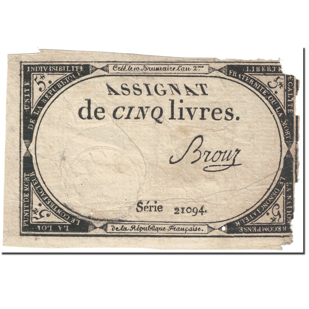 Frankreich, 5 Livres, 1793, Brouz, 10 brumaire de l'an 2 - (31 octobre 1793)