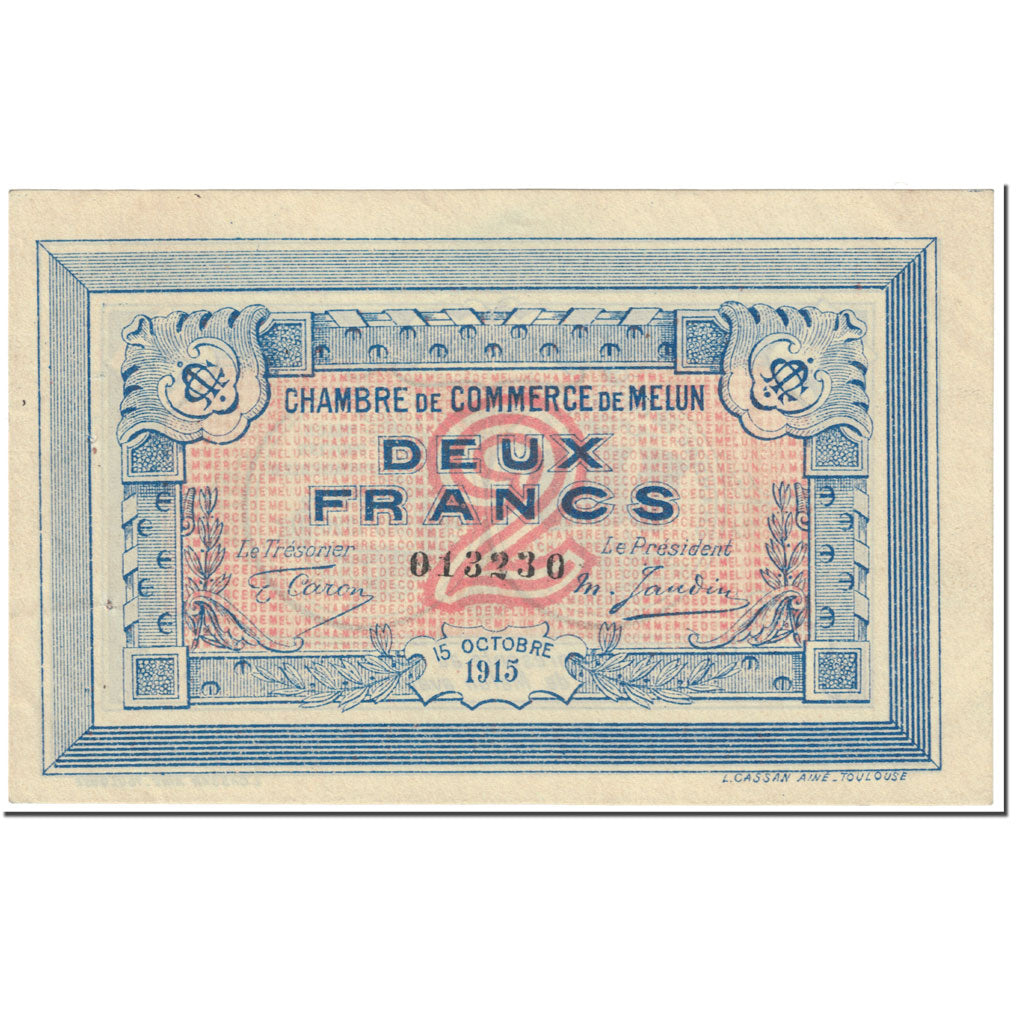 France, Melun, 2 Francs, 1915, AU(55-58), Pirot:80-5