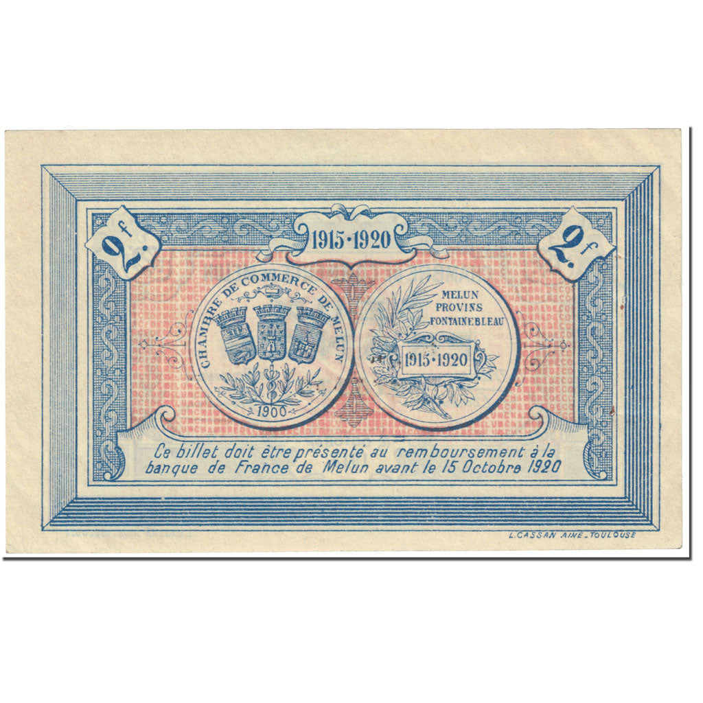France, Melun, 2 Francs, 1915, AU(55-58), Pirot:80-5