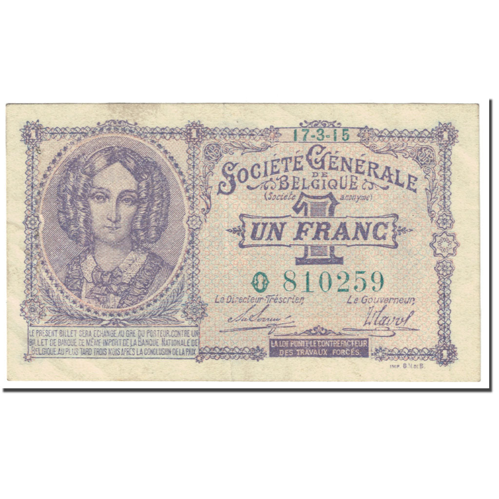 Banknote, Belgium, 1 Franc, 1915, 1915-03-17, KM:86a, EF(40-45)