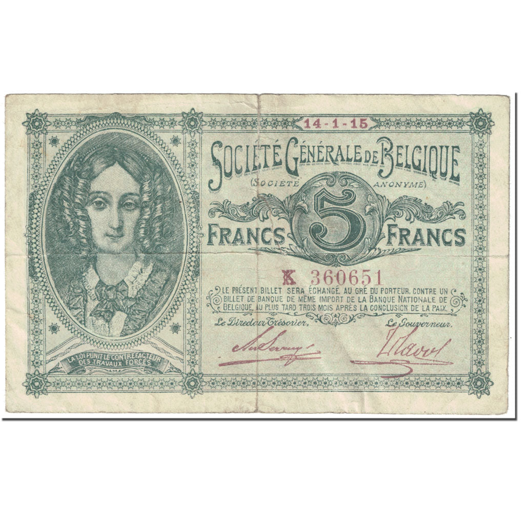 Banknote, Belgium, 5 Francs, 1915, 1915-01-14, KM:88, VF(20-25)