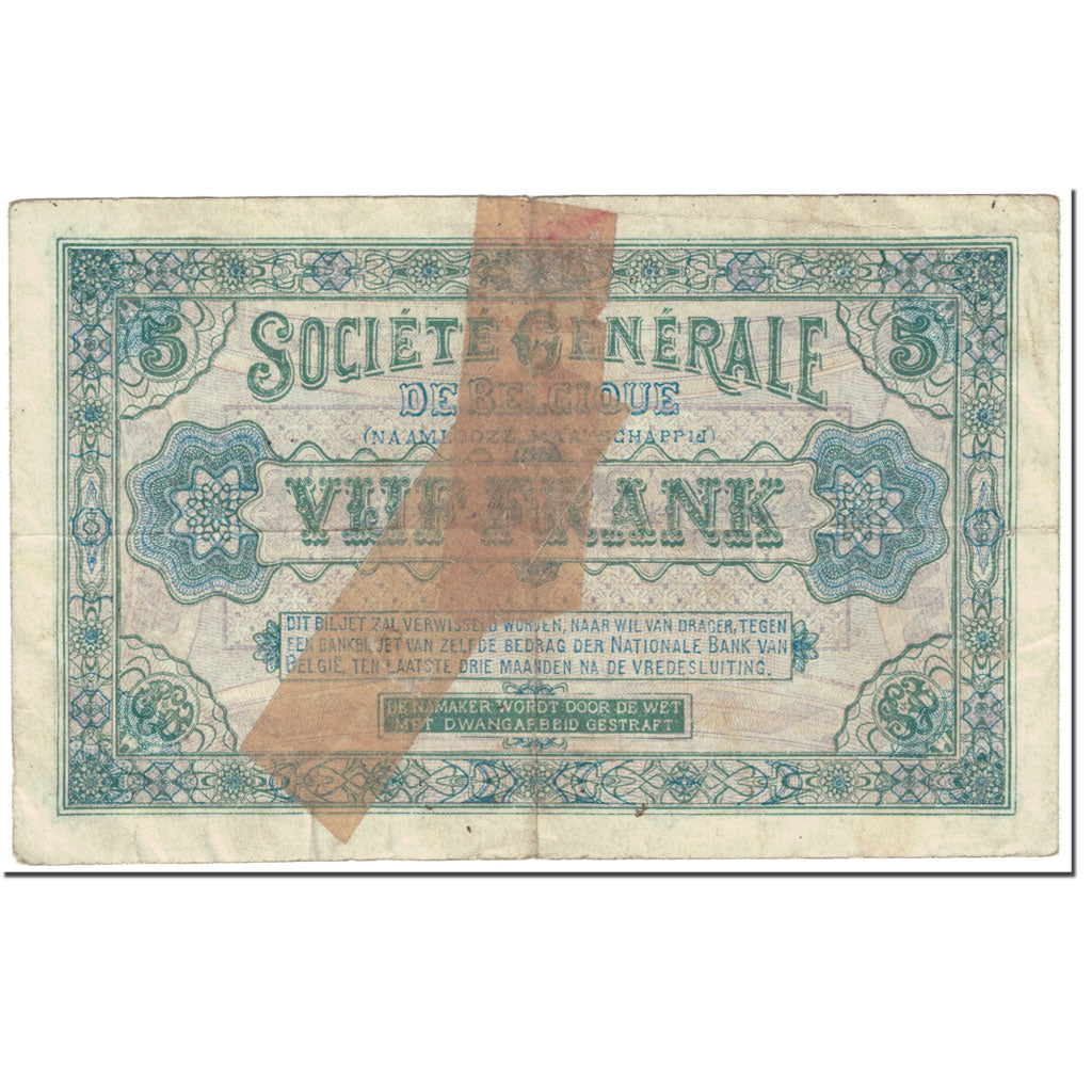 Banknote, Belgium, 5 Francs, 1915, 1915-01-14, KM:88, VF(20-25)
