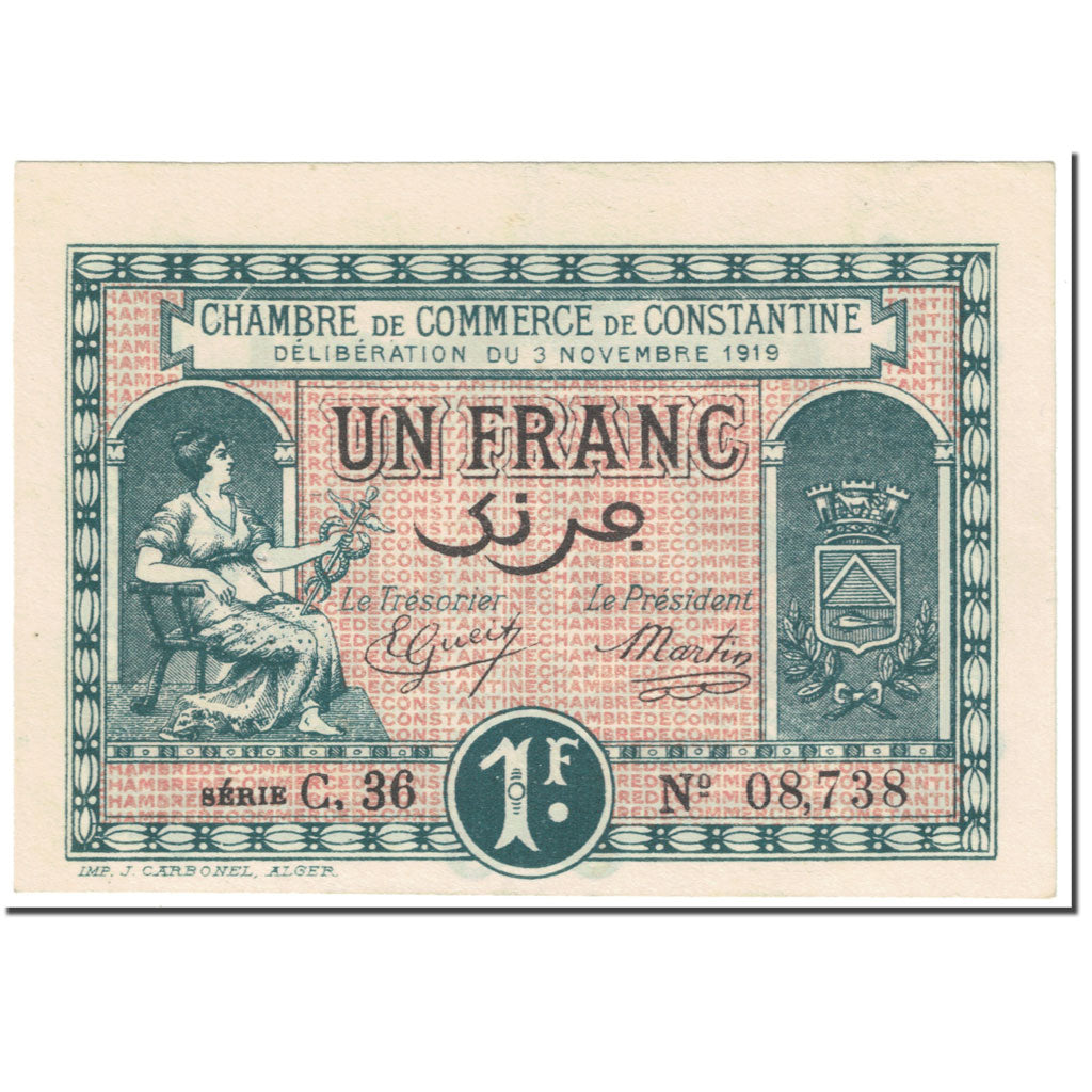 Banknote, Algeria, Chamber of Commerce, Constantine, 1 Franc, Pirot 140-22