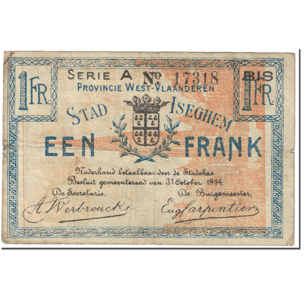 Banknote, Belgium, 1 Franc, West-Vlaanderen, 1914, 1914-10-31, VF(20-25)