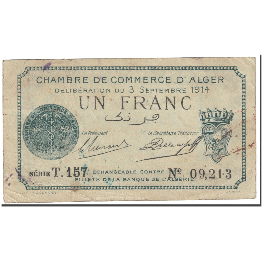 Banknote, Algeria, Chamber of Commerce, Alger, 1 Franc, Pirot 137.03