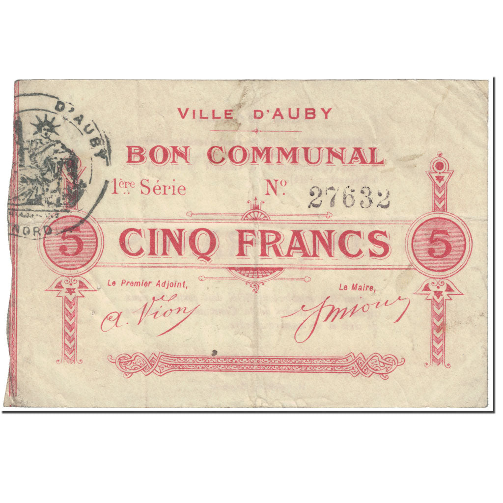France, Auby, 5 Francs, 1914, VF(30-35), Pirot:59-157