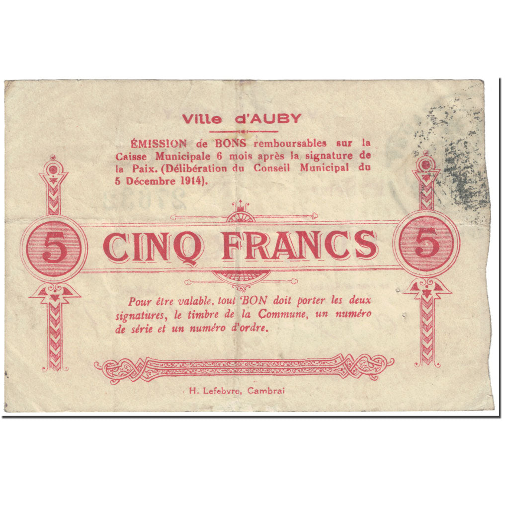 France, Auby, 5 Francs, 1914, VF(30-35), Pirot:59-157