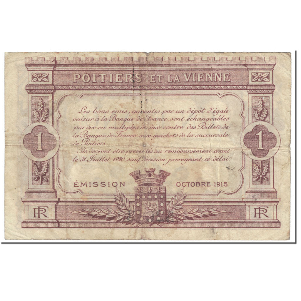 France, Poitiers, 1 Franc, 1915, VG(8-10), Pirot:101-6