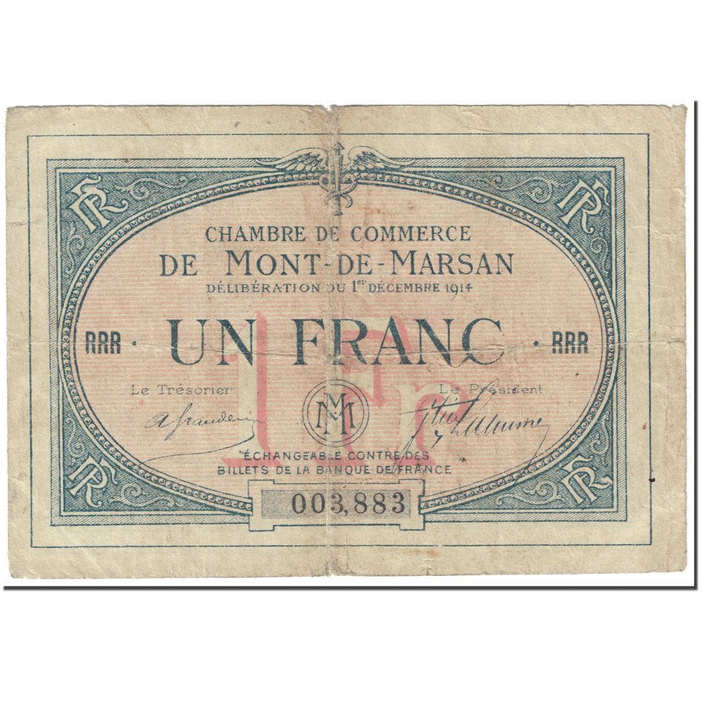 France, Mont-de-Marsan, 1 Franc, 1914, AG(1-3), Pirot:82-08