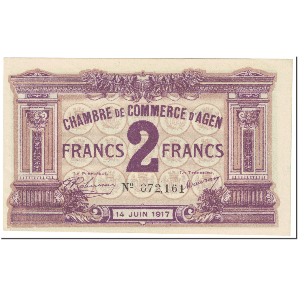 France, Agen, 2 Francs, 1917, EF(40-45), Pirot:2-11