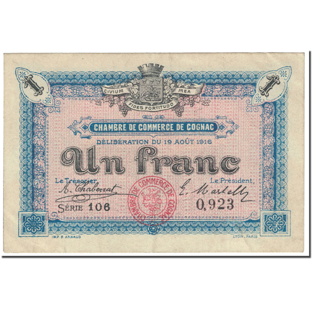 France, Cognac, 1 Franc, 1916, AU(50-53), Pirot:49-1