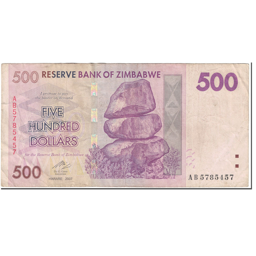 Banknote, Zimbabwe, 500 Dollars, 2007, Undated (2007), KM:70, VF(20-25)