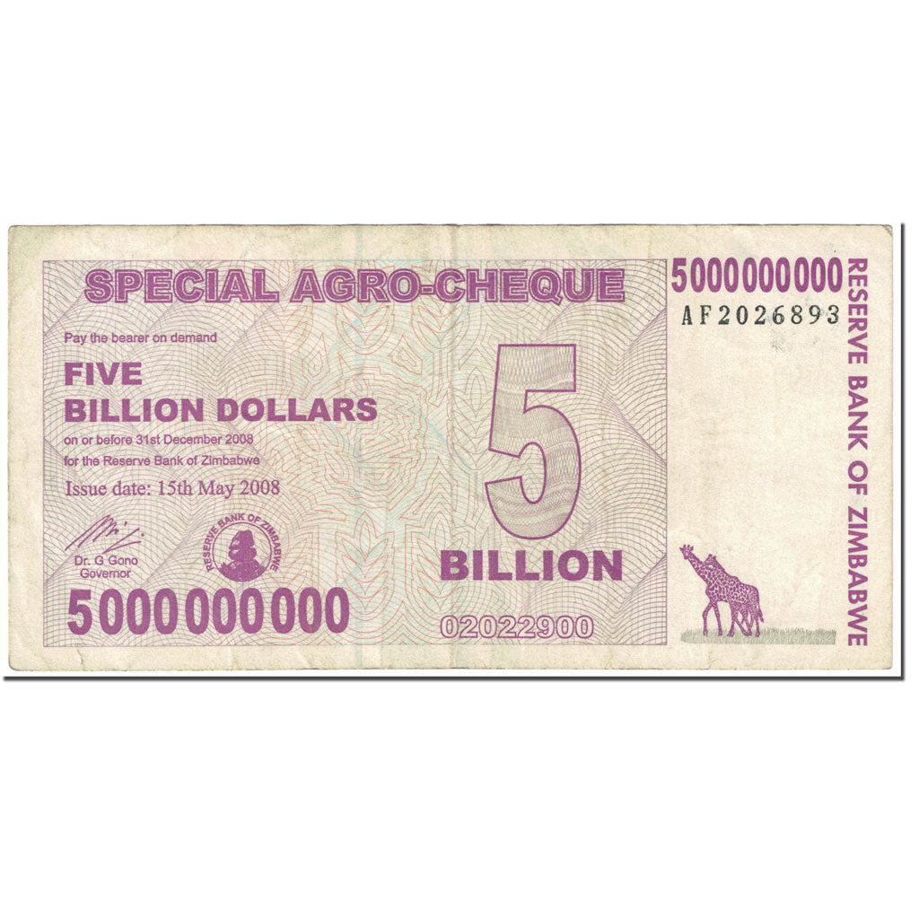 Banknote, Zimbabwe, 5 Billion Dollars, 2008, 2008-05-15, KM:61, VF(20-25)