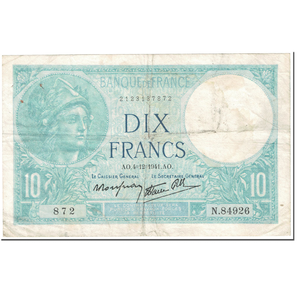 Francia, 10 Francs, Minerve, 1941, 1941-12-04, MB, Fayette:07.30, KM:84