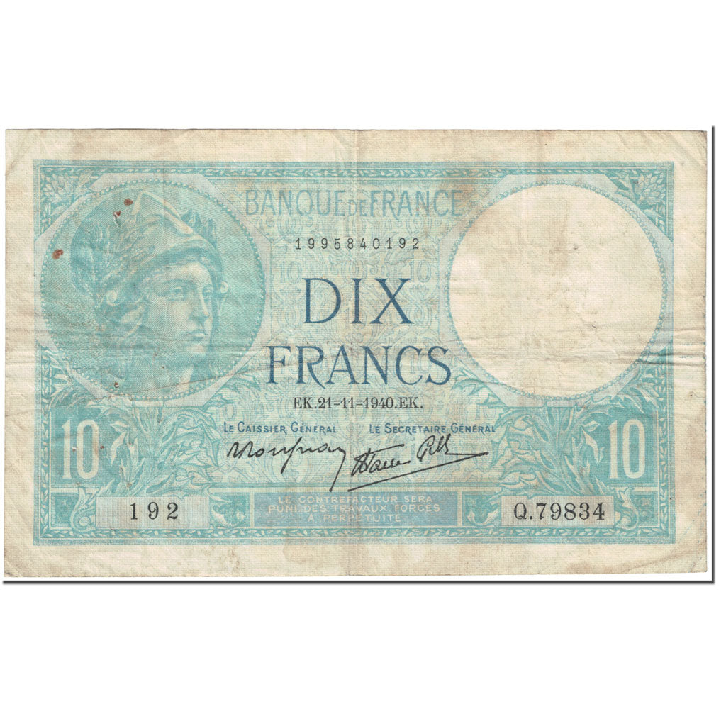 Francja, 10 Francs, Minerve, 1940, 1940-11-21, VF(20-25), Fayette:07.21, KM:84