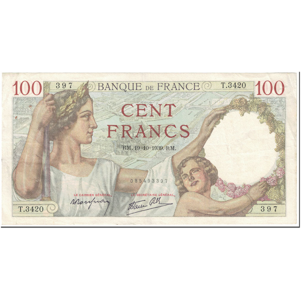França, 100 Francs, Sully, 1939, 1939-10-19, VF(20-25), Fayette:26.11, KM:94