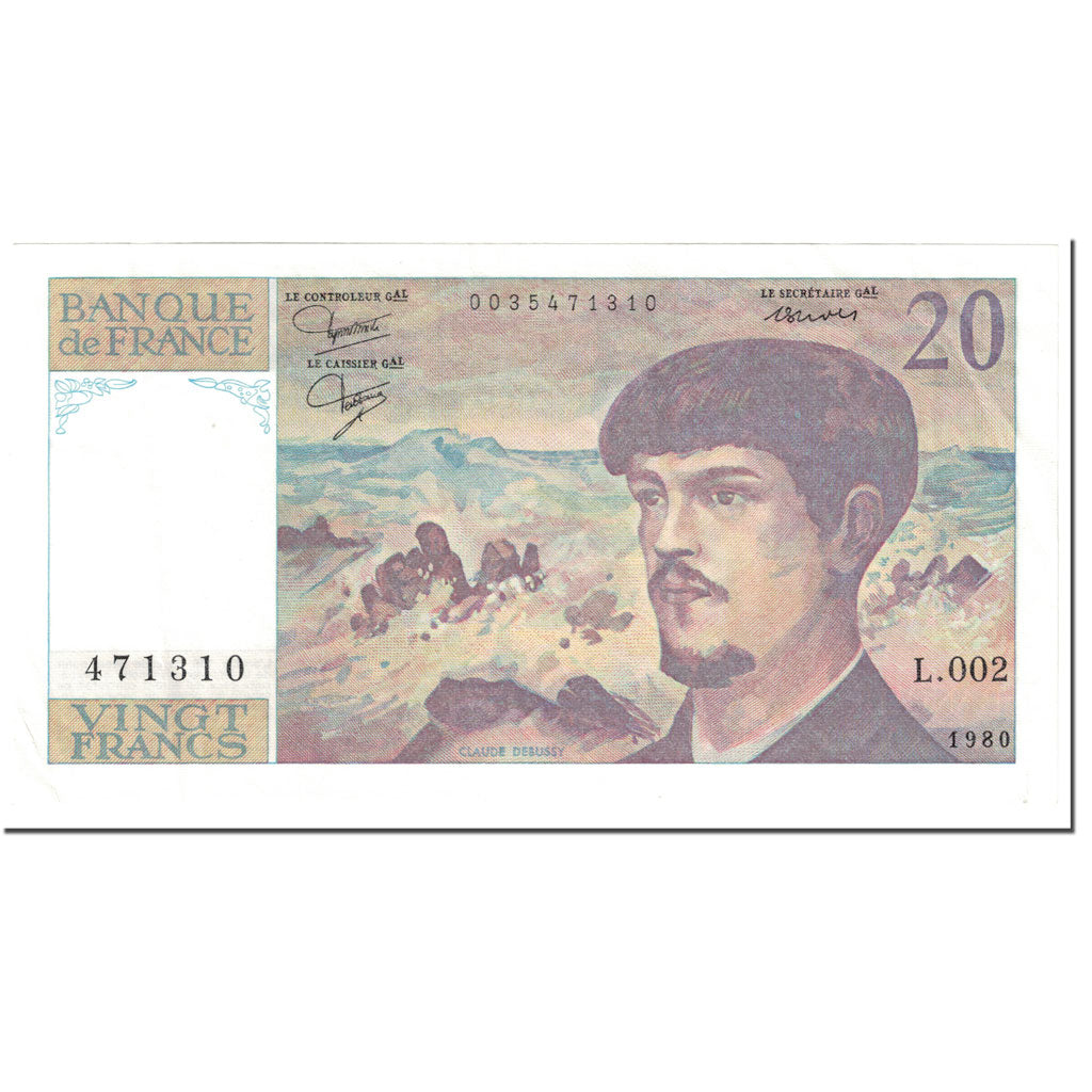 Francia, 20 Francs, Debussy, 1980, Undated (1980), BB, Fayette:66.1, KM:151a