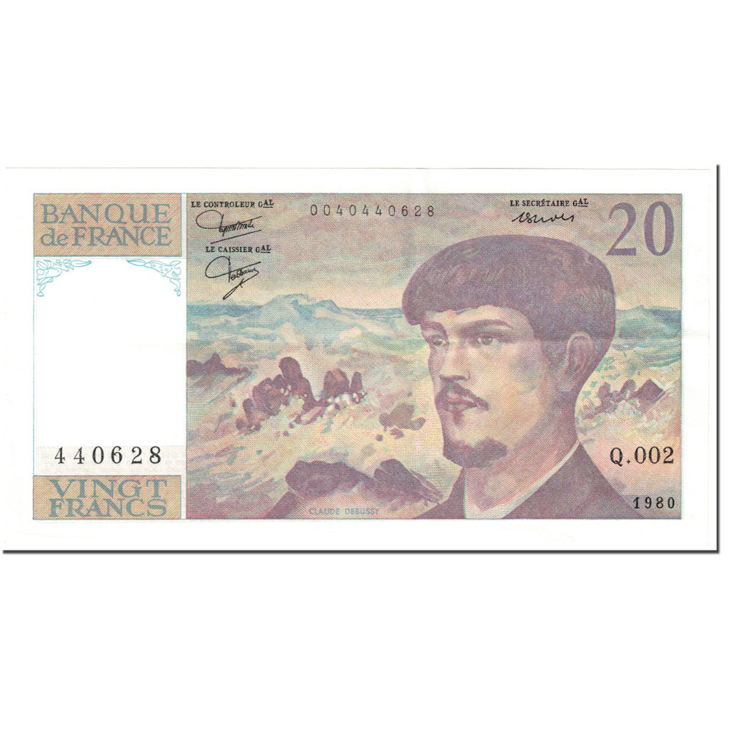 France, 20 Francs, Debussy, 1980, Undated (1980), AU(55-58), Fayette:66.1