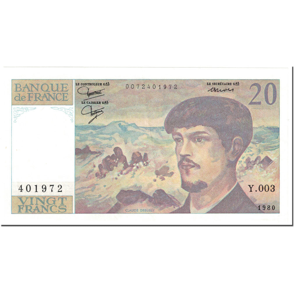 França, 20 Francs, Debussy, 1980, Undated (1980), AU(50-53), Fayette:66.1