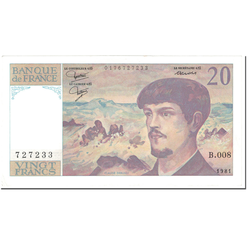 França, 20 Francs, Debussy, 1981, Undated (1981), AU(55-58), Fayette:66.2