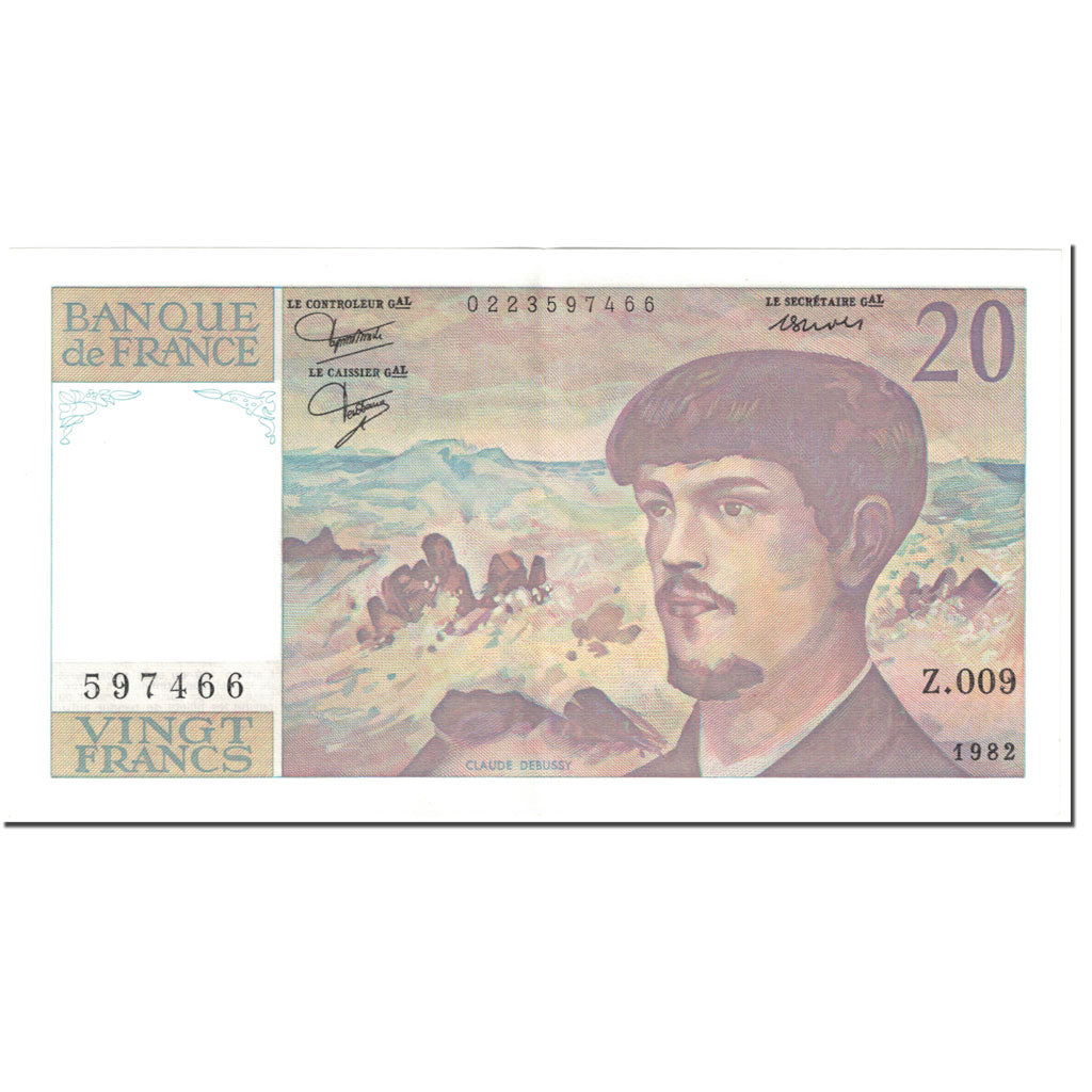 France, 20 Francs, Debussy, 1982, Undated (1982), AU(55-58), Fayette:66.3