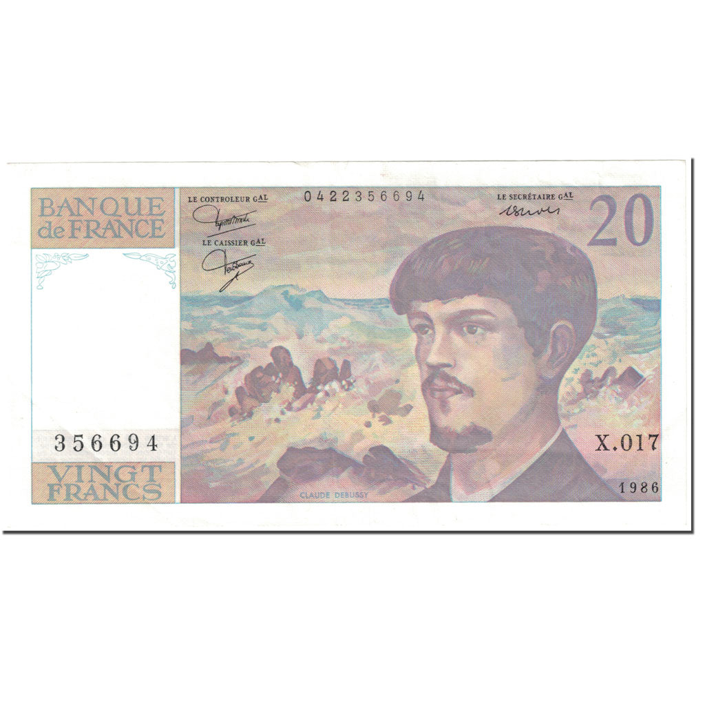 França, 20 Francs, Debussy, 1986, Undated (1986), AU(55-58), Fayette:66.7