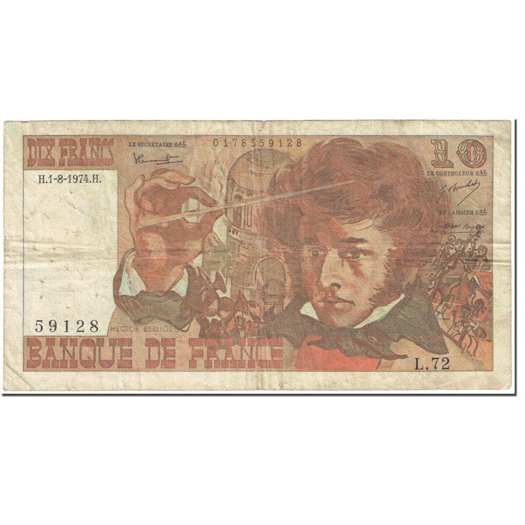 Frankrijk, 10 Francs, Berlioz, 1974, 1974-08-01, TB, Fayette:63.6, KM:150a