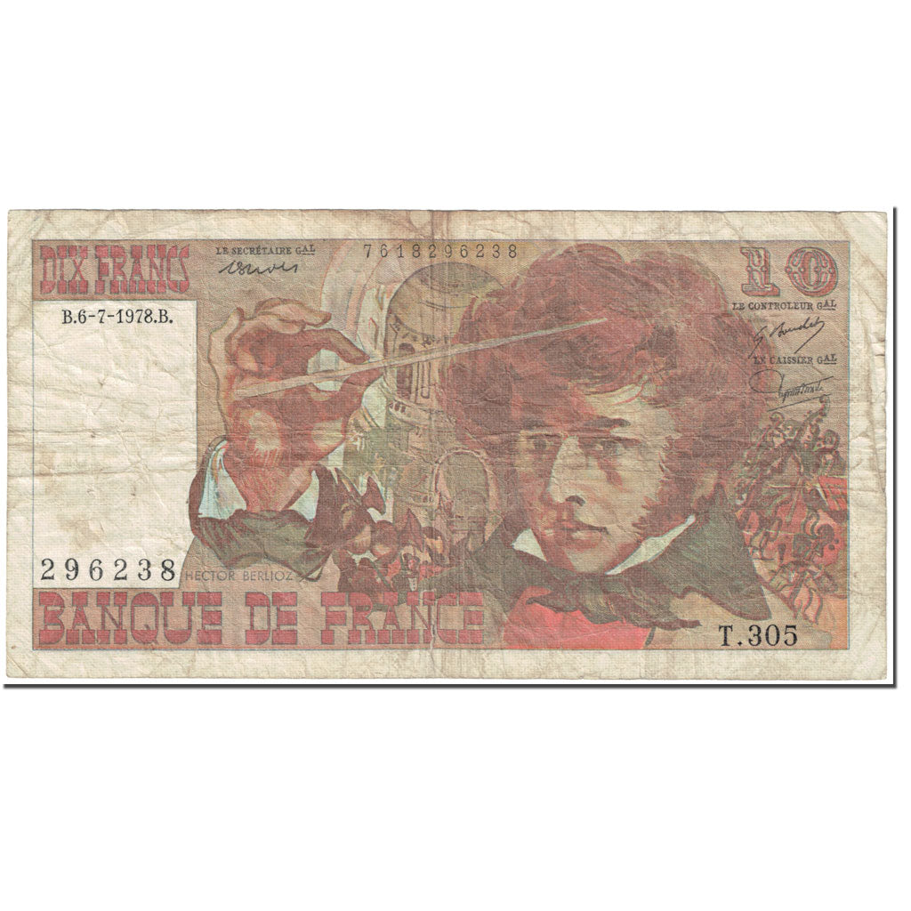 França, 10 Francs, Berlioz, 1978, 1978-07-06, VF(20-25), Fayette:63.24, KM:150c
