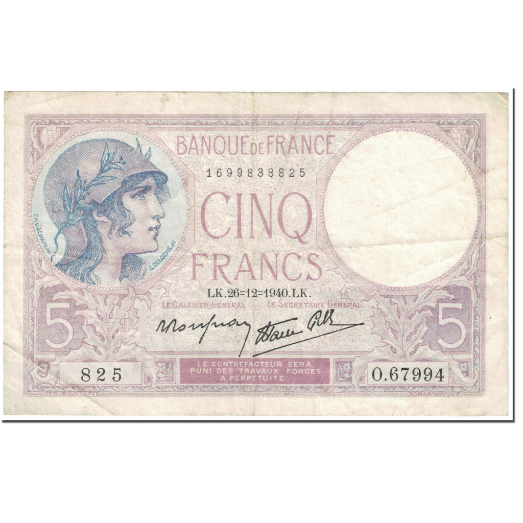 France, 5 Francs, Violet, 1940, 1940-12-26, TB, Fayette:4.18, KM:83