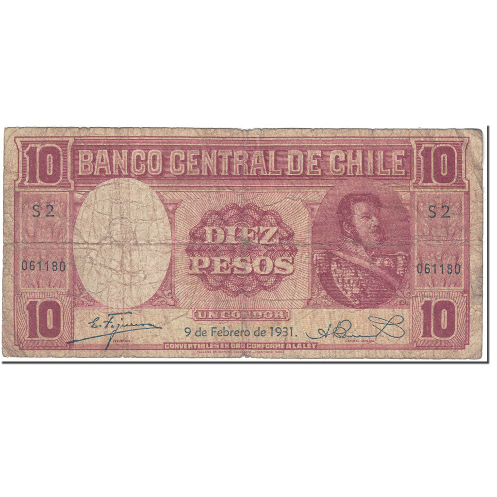 Banknot, Chile, 10 Pesos = 1 Condor, 1931, 1931-02-09, KM:92a, VG(8-10)