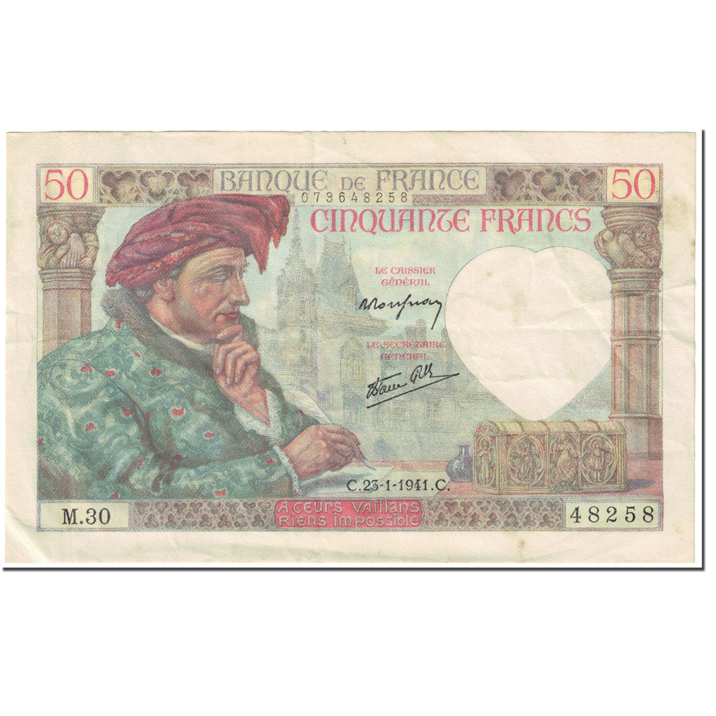 Frankrijk, 50 Francs, Jacques Coeur, 1941, 1941-01-23, TB+, Fayette:19.5, KM:93