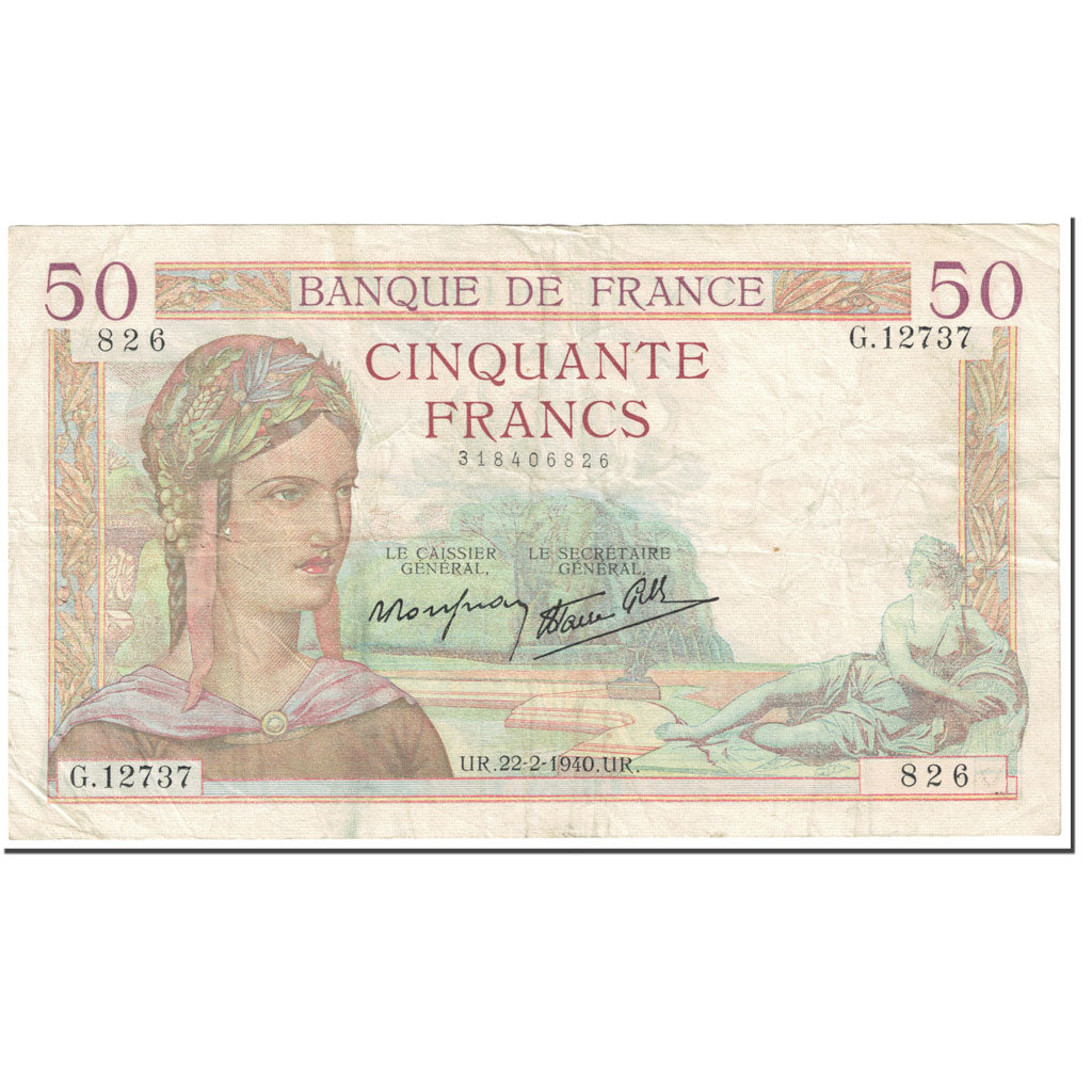 Francia, 50 Francs, Cérès, 1940, 1940-02-22, MB, Fayette:18.39, KM:85b