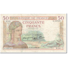 Francia, 50 Francs, Cérès, 1940, 1940-02-22, MB, Fayette:18.39, KM:85b