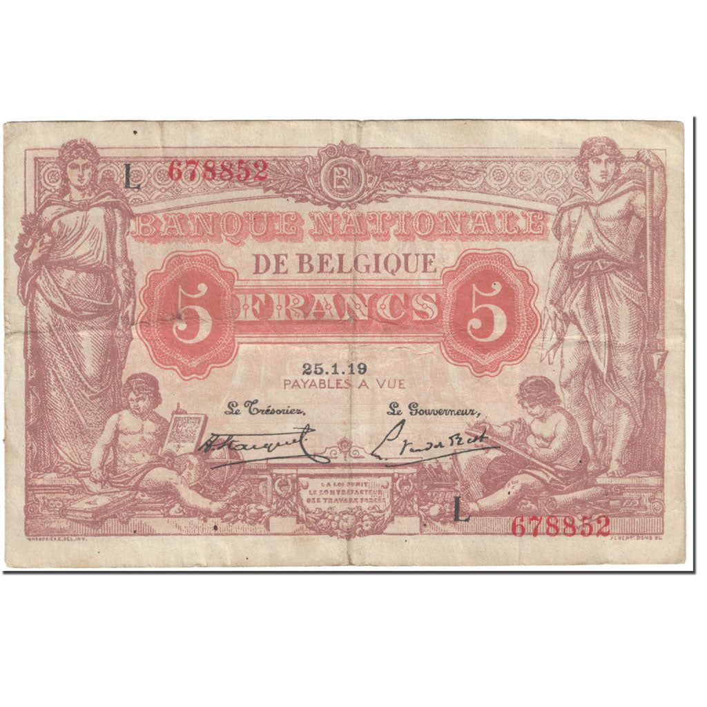 Banknote, Belgium, 5 Francs, 1919, 1919-01-25, KM:74b, VF(20-25)
