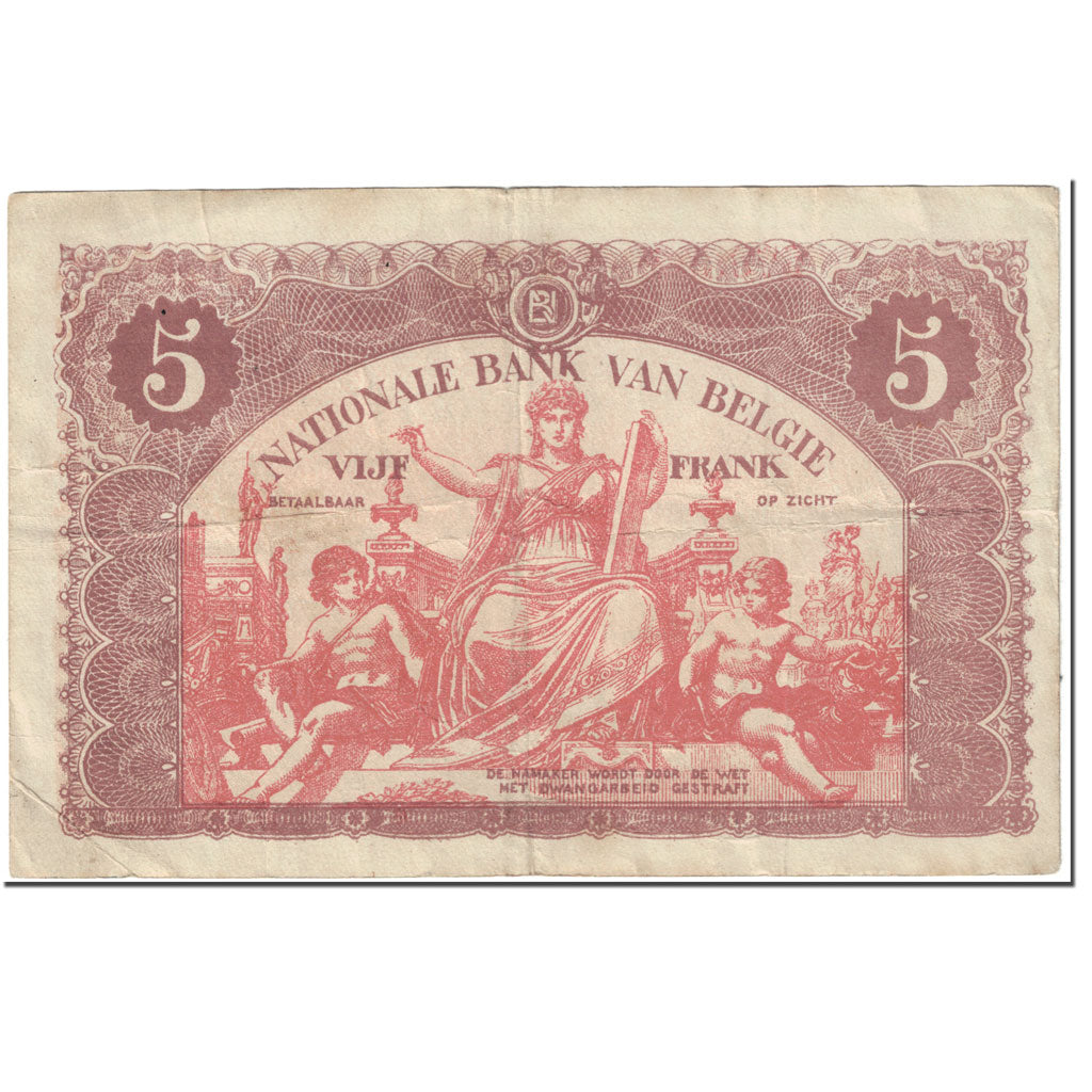 Banknote, Belgium, 5 Francs, 1919, 1919-01-25, KM:74b, VF(20-25)