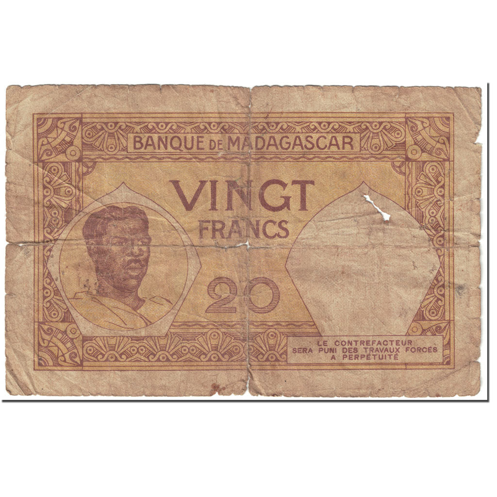Banknote, Madagascar, 20 Francs, 1937-1947, Undated (1937-47), KM:37, AG(1-3)