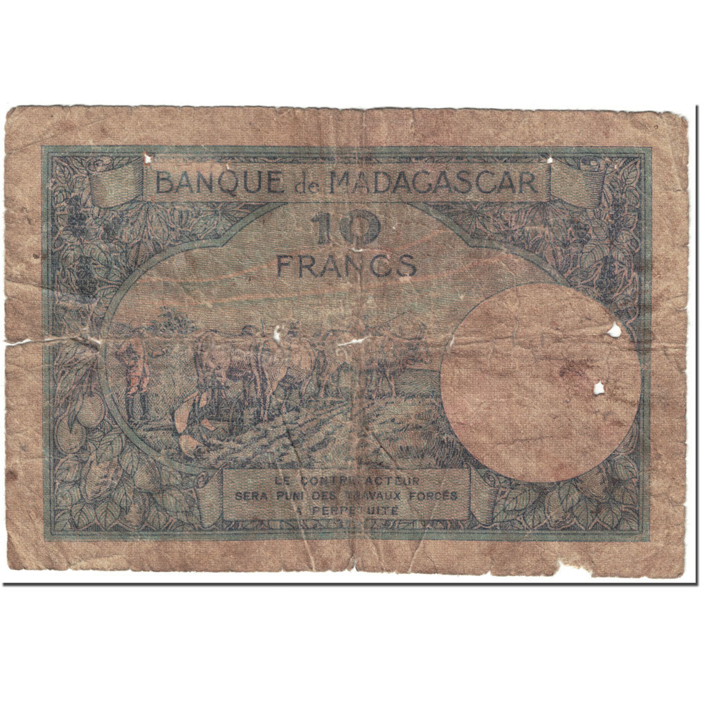 Banknote, Madagascar, 10 Francs, 1937-1947, Undated (1937-47), KM:36, AG(1-3)