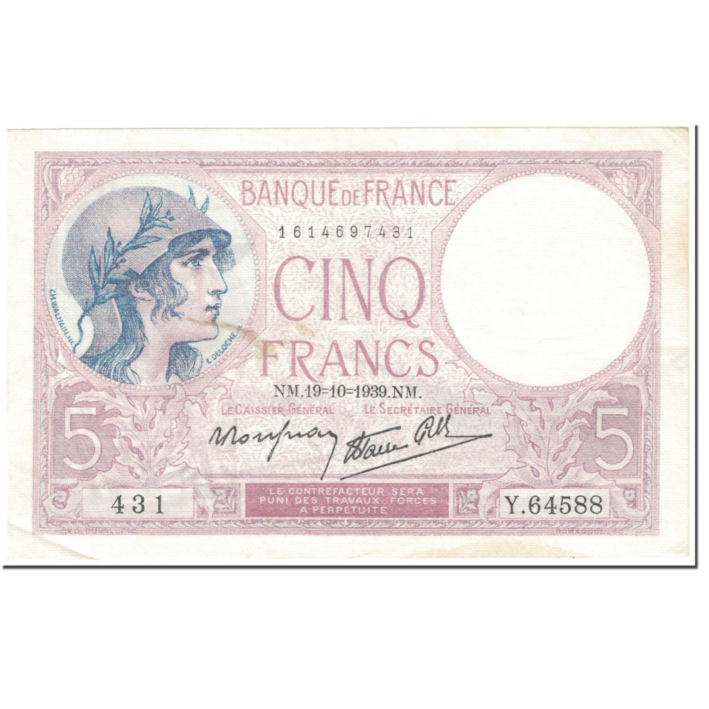 Francja, 5 Francs, Violet, 1939, 1939-10-19, EF(40-45), Fayette:4.12, KM:83