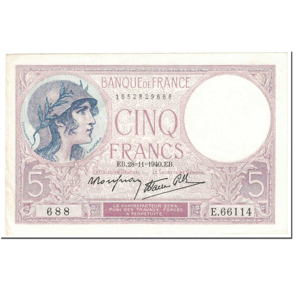 Francja, 5 Francs, Violet, 1940, 1940-11-28, AU(50-53), Fayette:4.15, KM:83
