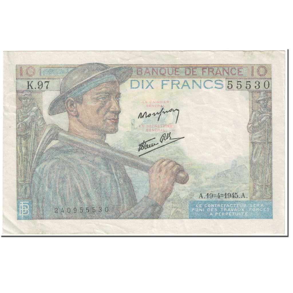 Francia, 10 Francs, Mineur, 1945, 1945-04-19, BC, Fayette:8.13, KM:99b